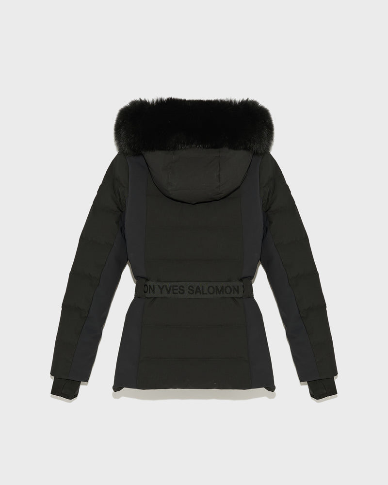 Mixed fabric belted skiwear jacket with fox fur trim - Yves Salomon Mountain - Ski