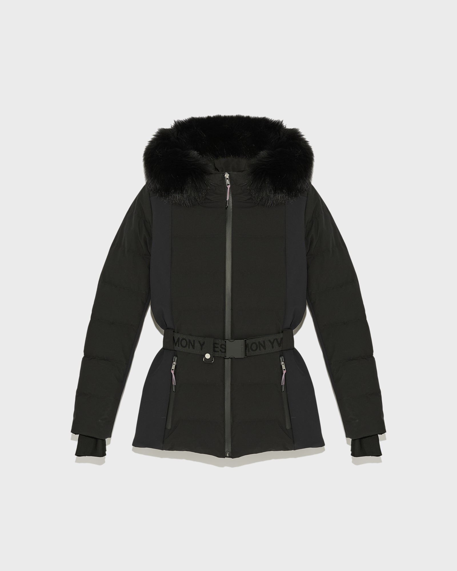 Mixed fabric skiwear jacket with fox fur trim - black - Yves Salomon