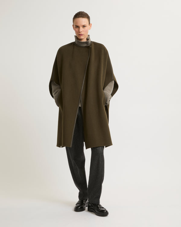 Double-sided wool cashmere blend cape with leather button