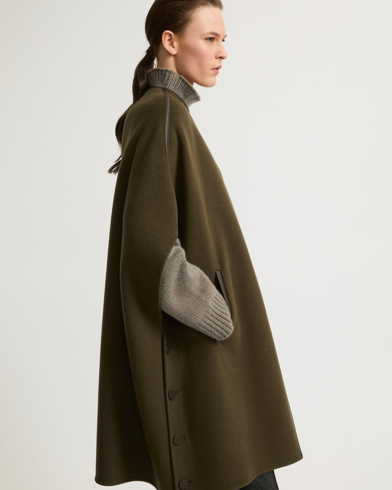 Double-sided wool cashmere blend cape with leather button