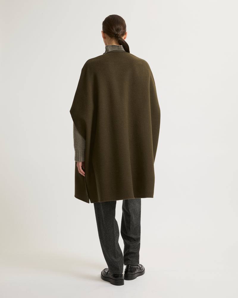 Double-sided wool cashmere blend cape with leather button