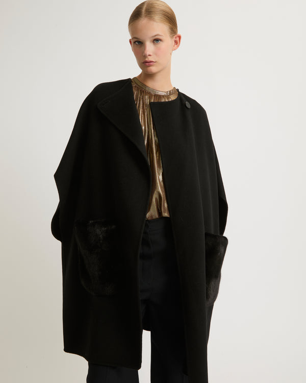 Cashmere blend cape with removable mink pockets