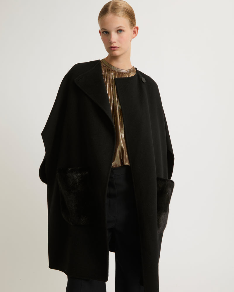 Cashmere blend cape with removable mink pockets