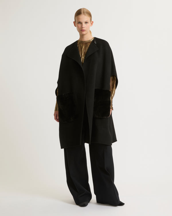 Cashmere blend cape with removable mink pockets