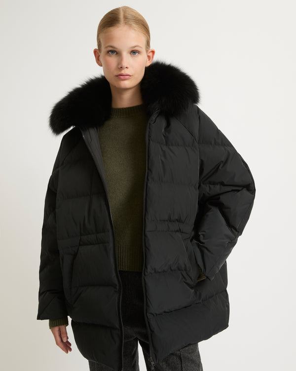 Technical fabric down cape with detachable fox fur collar