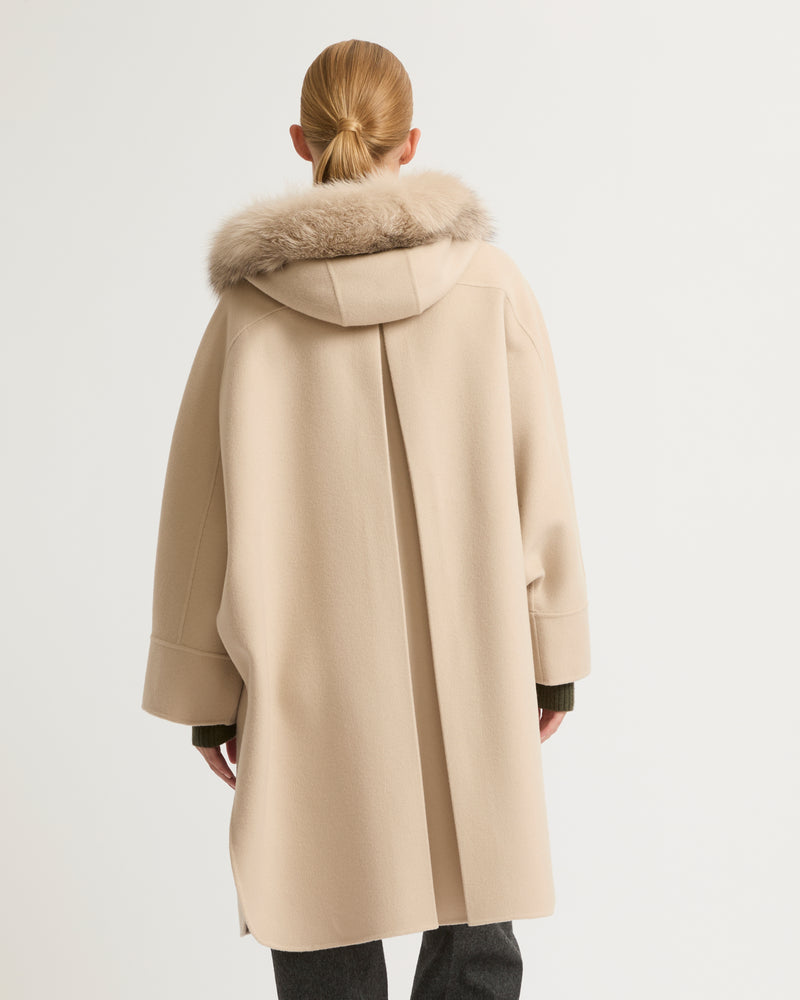 Cashmere blend hooded cape with fox trim