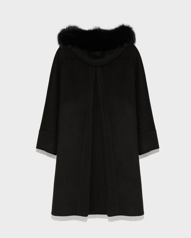 Cashmere blend hooded cape with fox trim