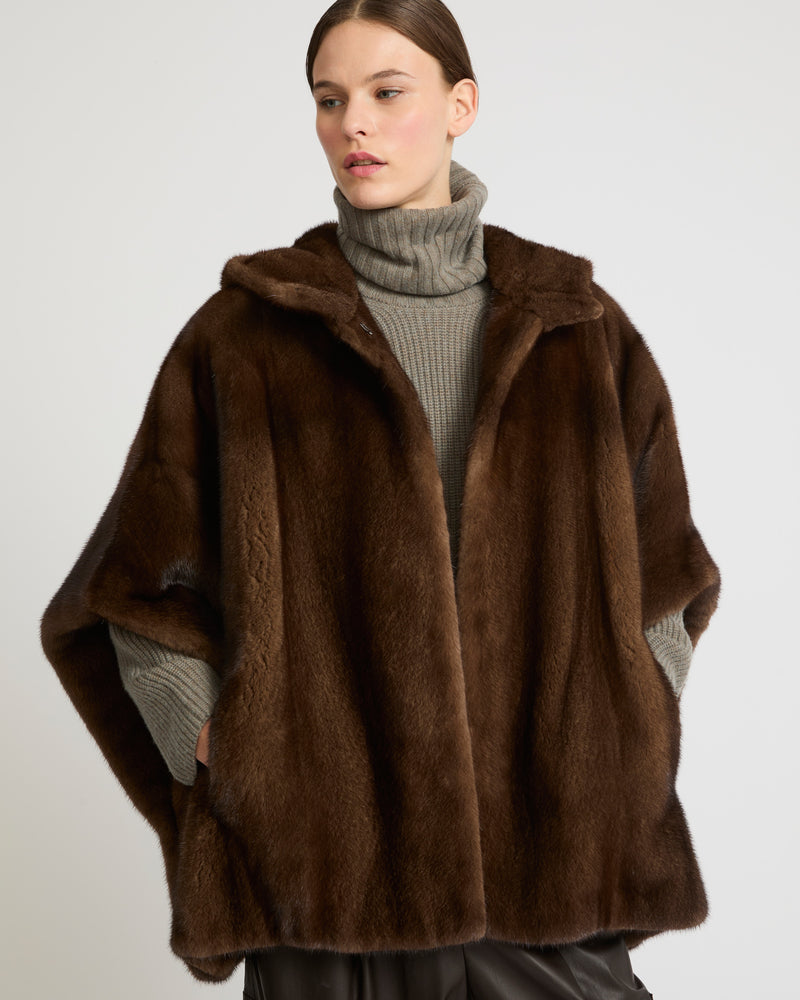 Long-haired mink fur hooded cape