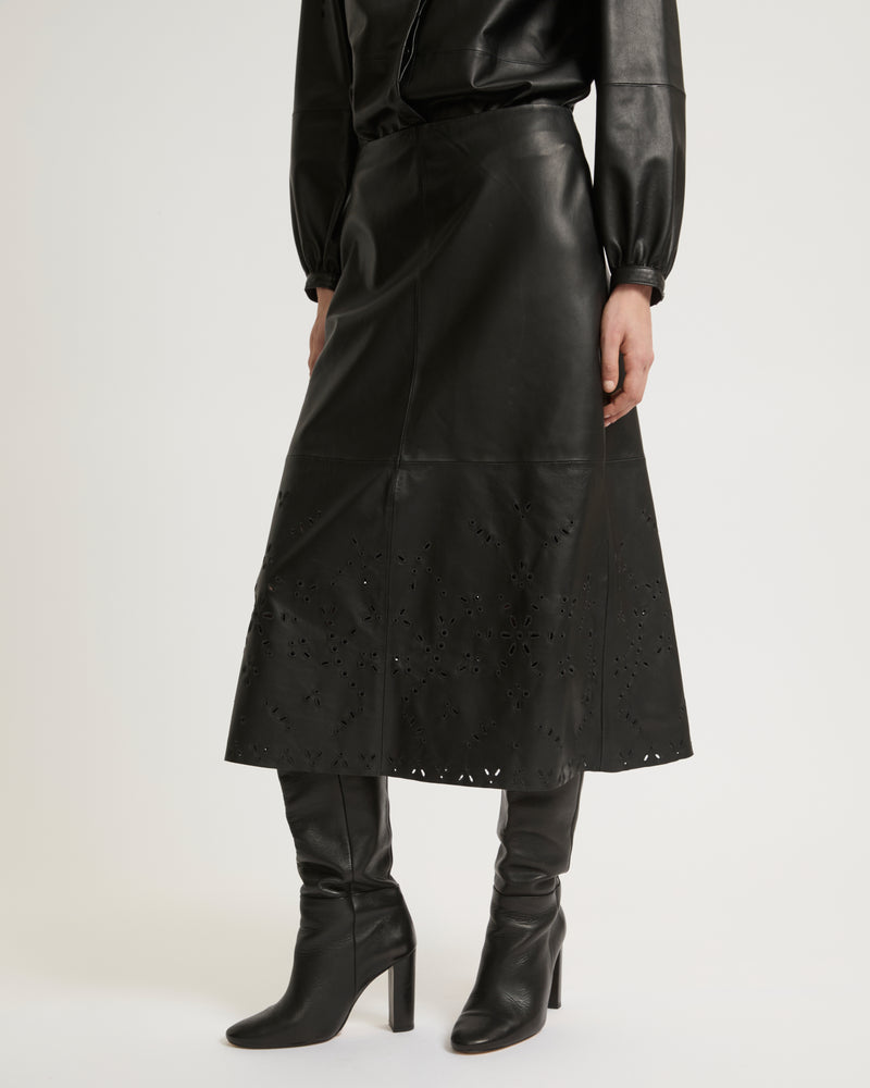 Long leather skirt with embroidery