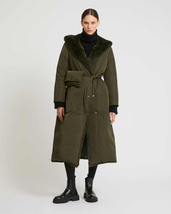 Long down coat in technical fabric and mink fur