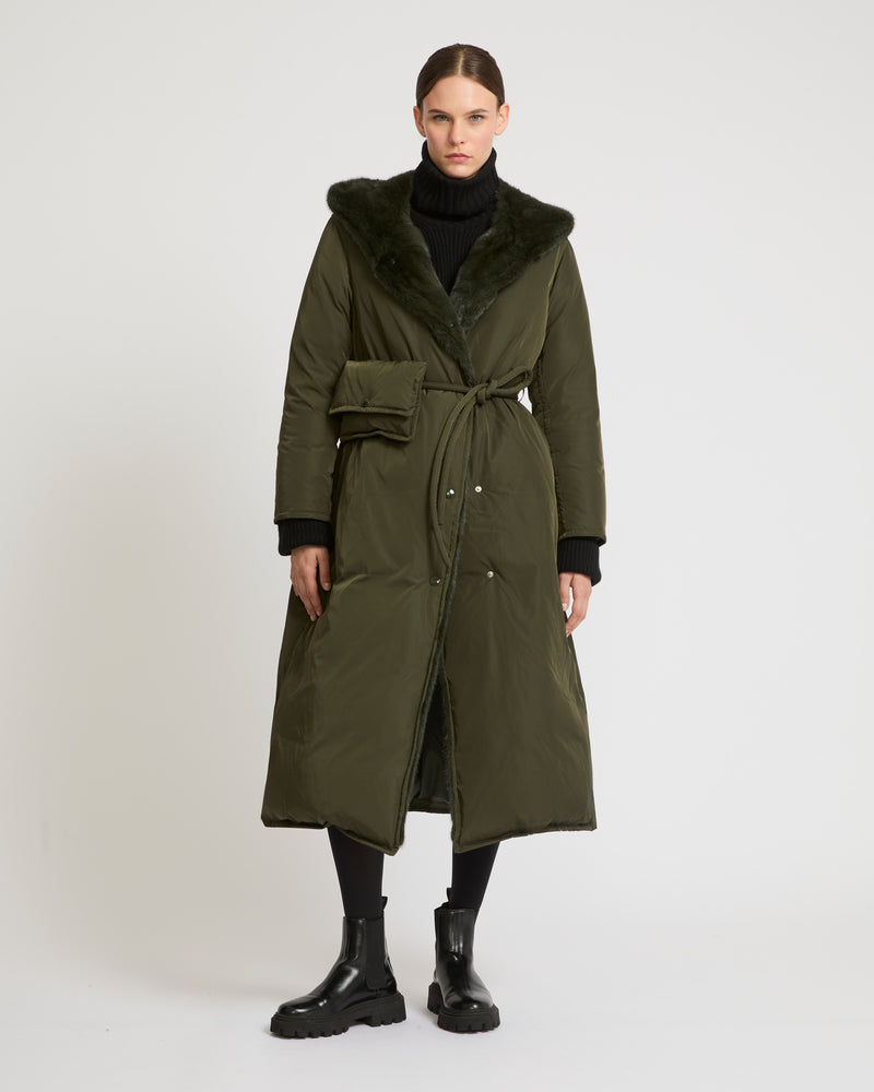 Long down coat in technical fabric and mink fur