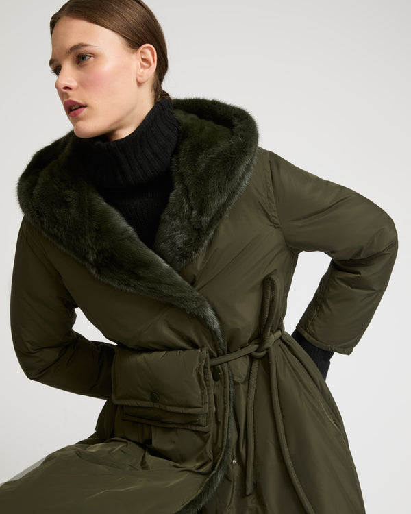 Long down coat in technical fabric and mink fur