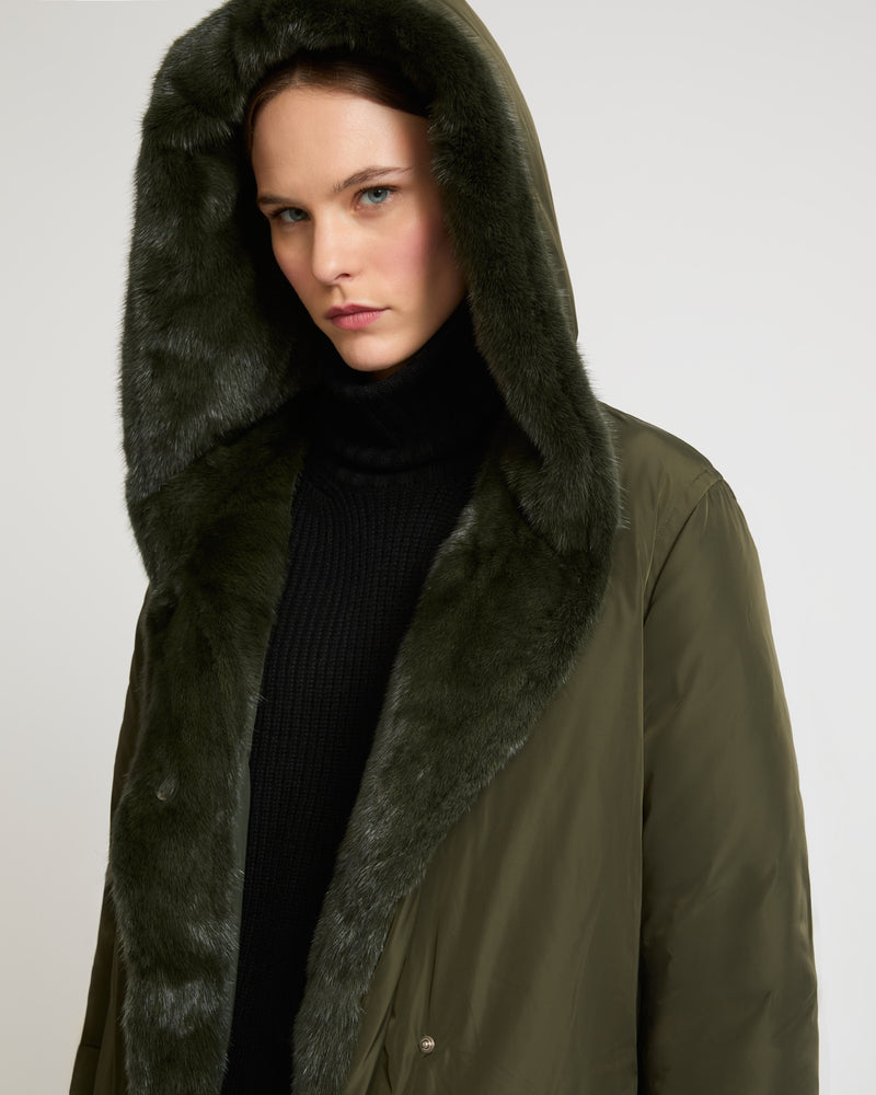 Long down coat in technical fabric and mink fur