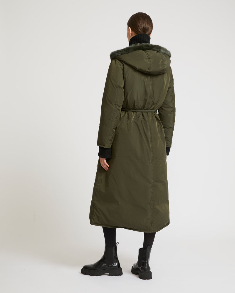 Long down coat in technical fabric and mink fur