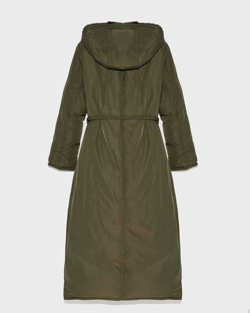 Long down coat in technical fabric and mink fur