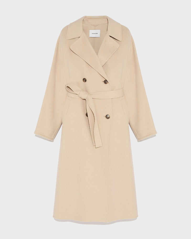 Long cashmere-blend trench coat with removable collar