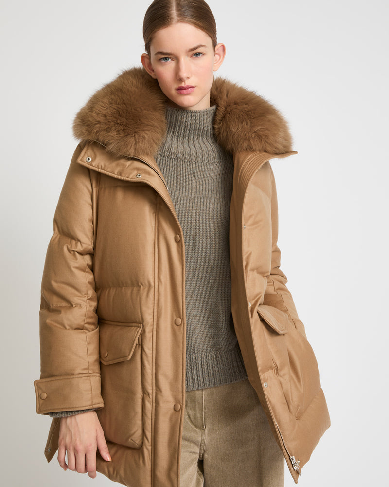 Mid-length down jacket in Loro Piana flannel fabric with detachable fox fur collar