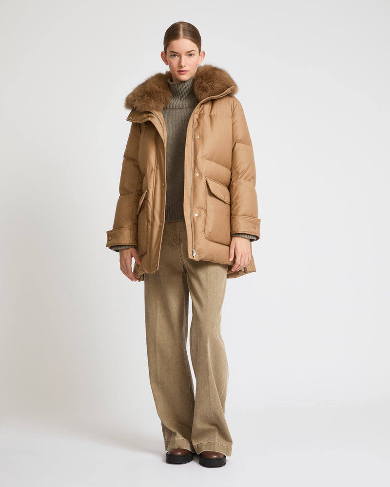 Mid-length down jacket in Loro Piana flannel fabric with detachable fox fur collar