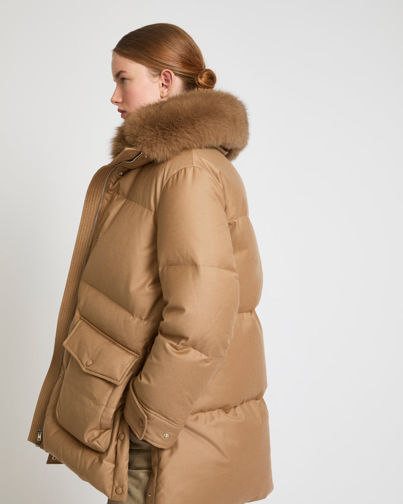 Mid-length down jacket in Loro Piana flannel fabric with detachable fox fur collar