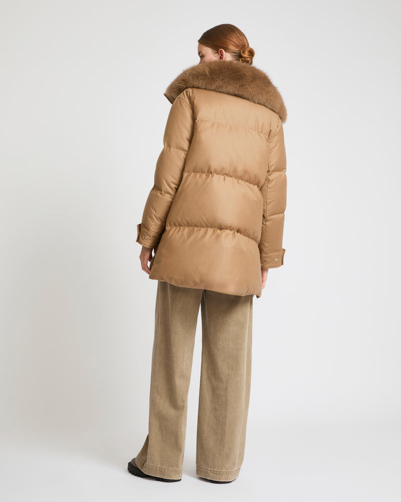 Mid-length down jacket in Loro Piana flannel fabric with detachable fox fur collar