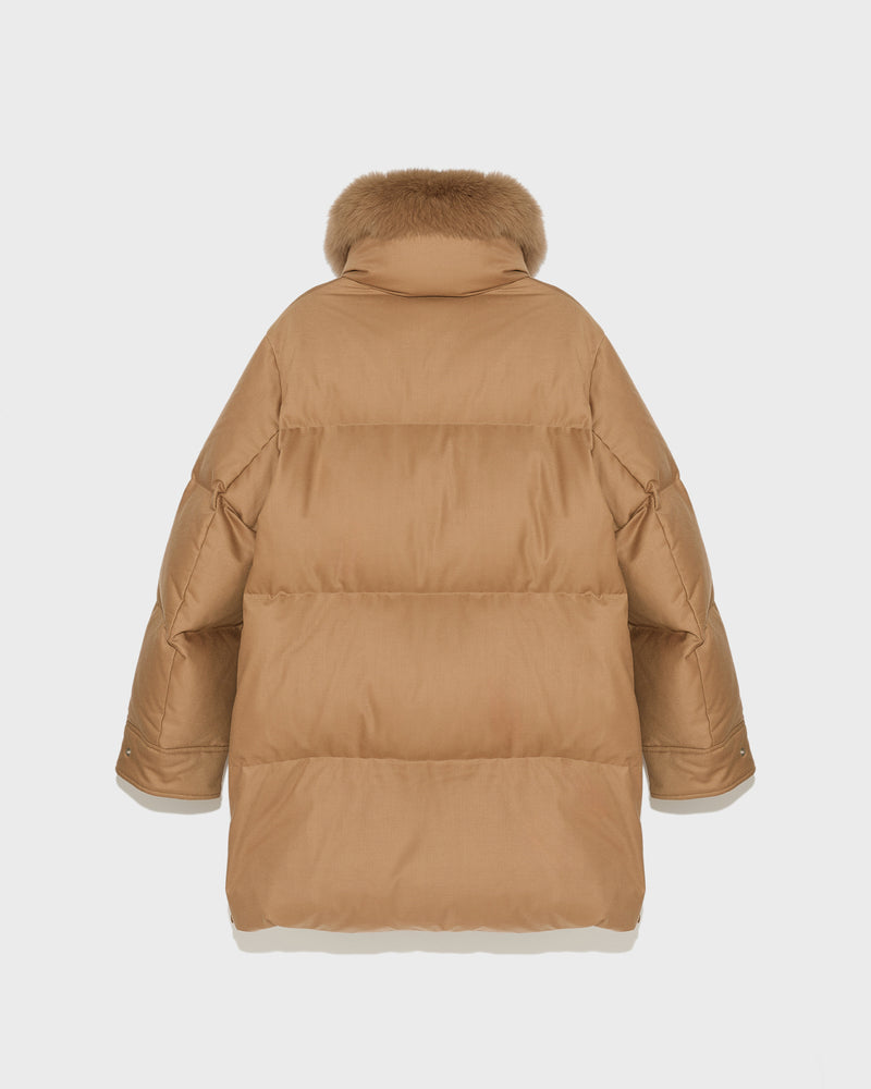 Mid-length down jacket in Loro Piana flannel fabric with detachable fox fur collar