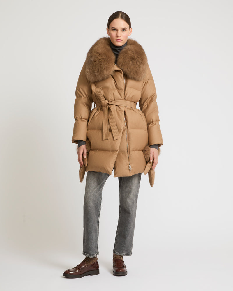 Loro Piana flannel down coat with detachable fox fur collar