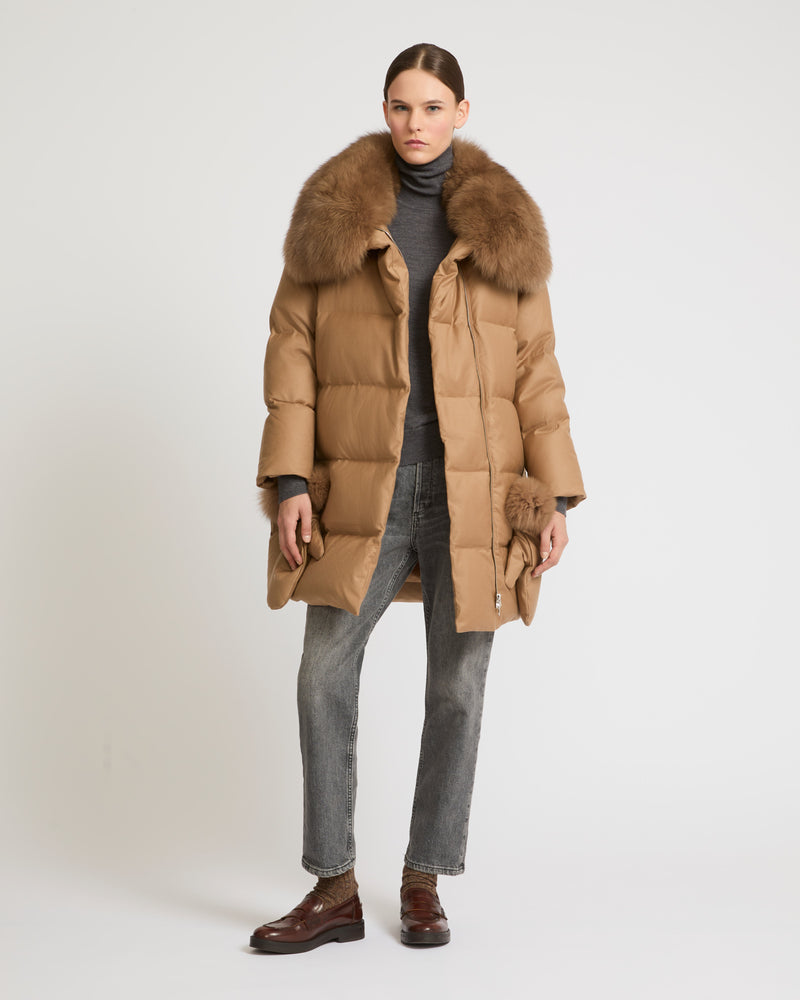 Loro Piana flannel down coat with detachable fox fur collar