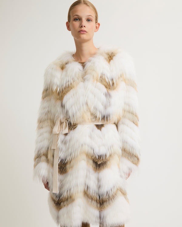 Belted coat in merino knit and fox fur