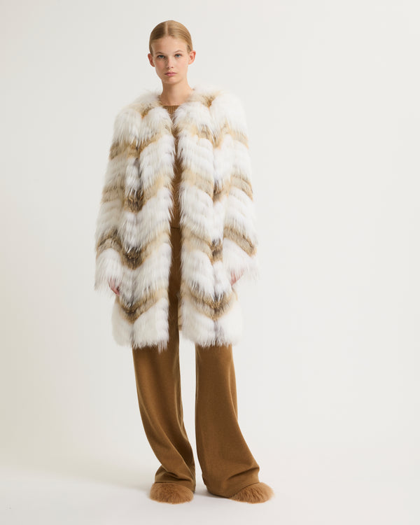 Belted coat in merino knit and fox fur