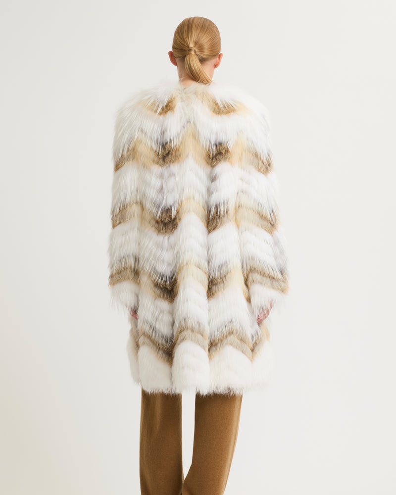 Belted coat in merino knit and fox fur