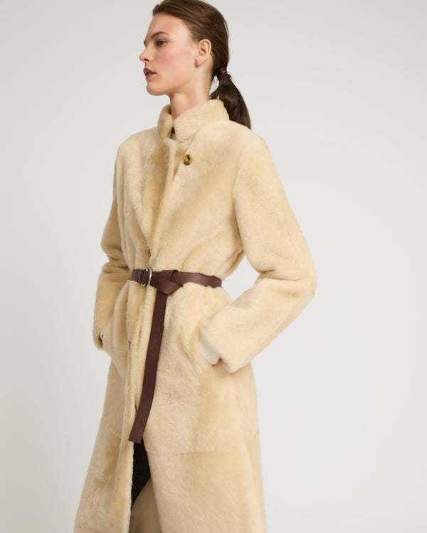 Straight belted shearling coat