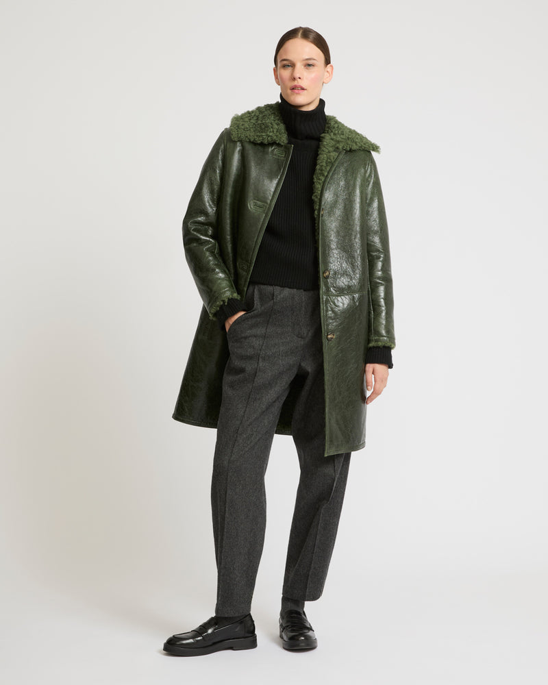 Patent merino straight coat with flat collar