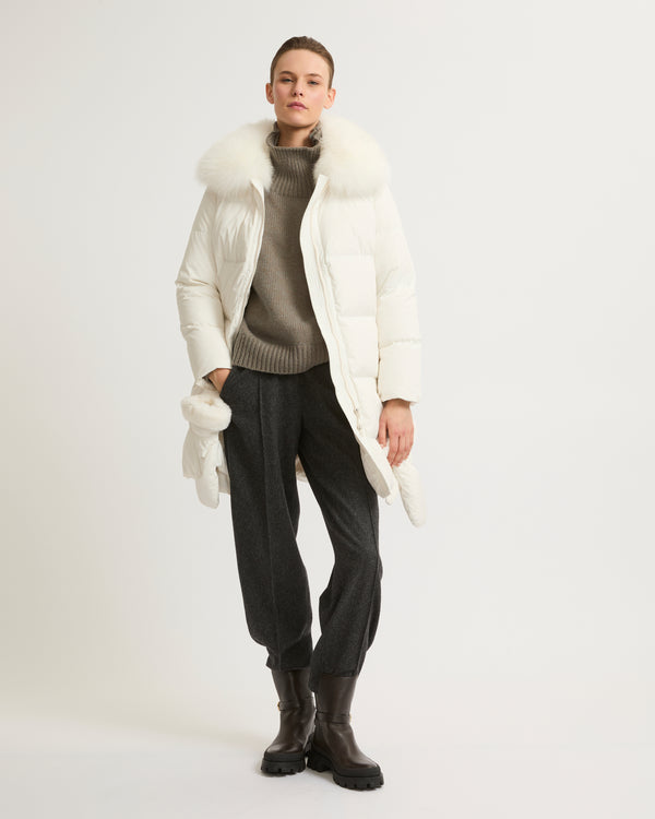 Long belted down jacket in technical fabric with removable fur collar