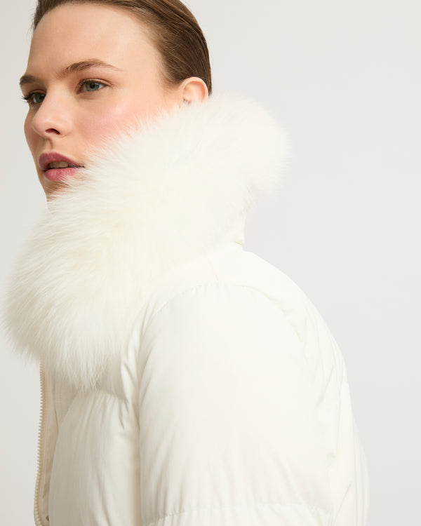 Long belted down jacket in technical fabric with removable fur collar