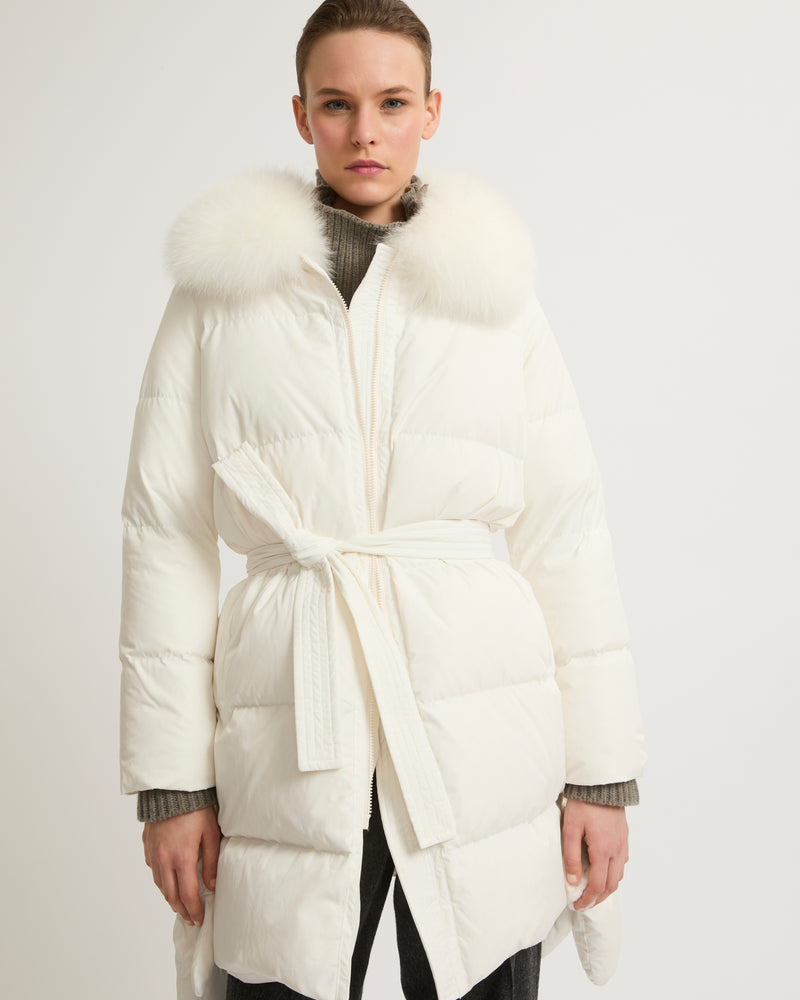 Long belted down jacket in technical fabric with removable fur collar