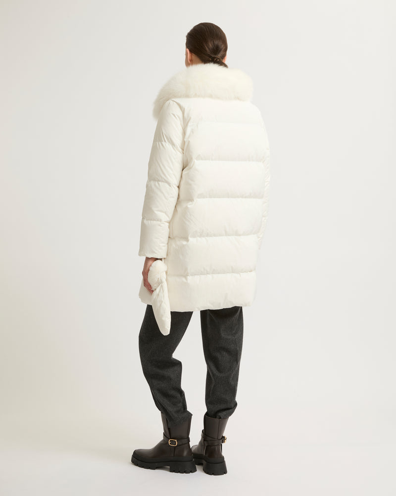 Long belted down jacket in technical fabric with removable fur collar