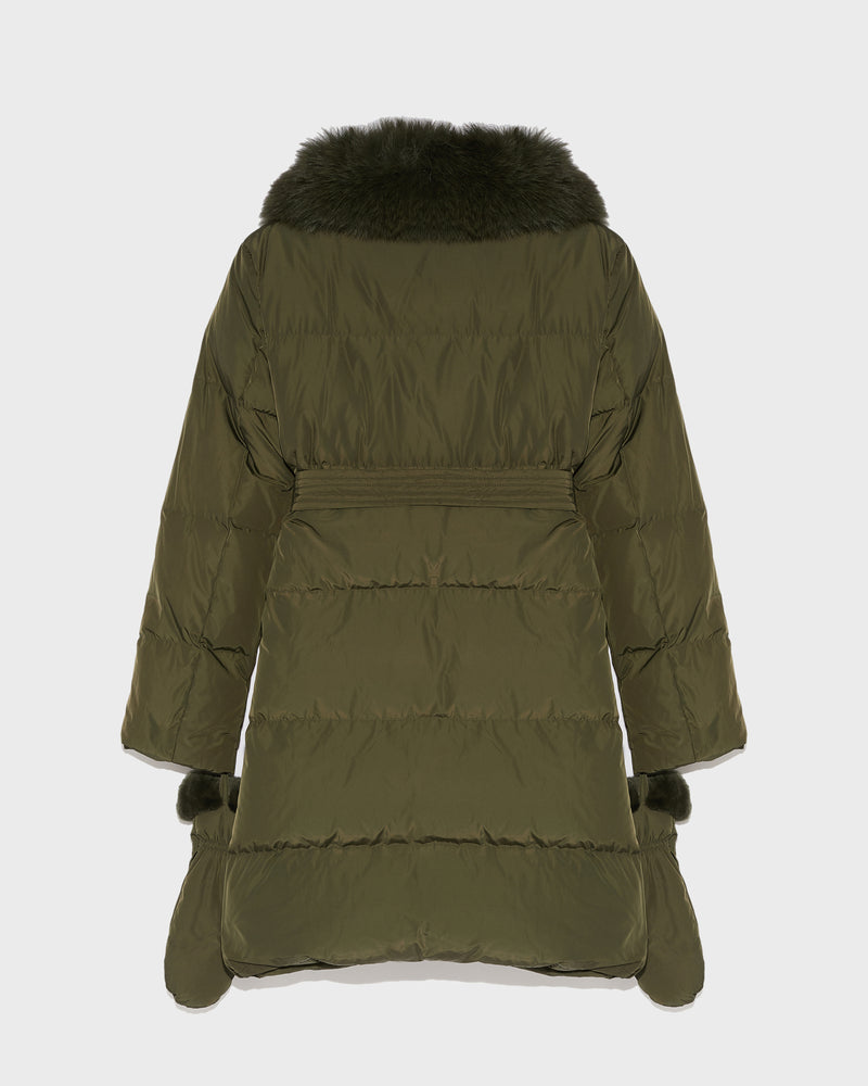 Long belted down jacket in technical fabric with removable fur collar