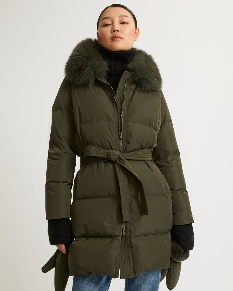 Long belted down jacket in technical fabric with removable fur collar