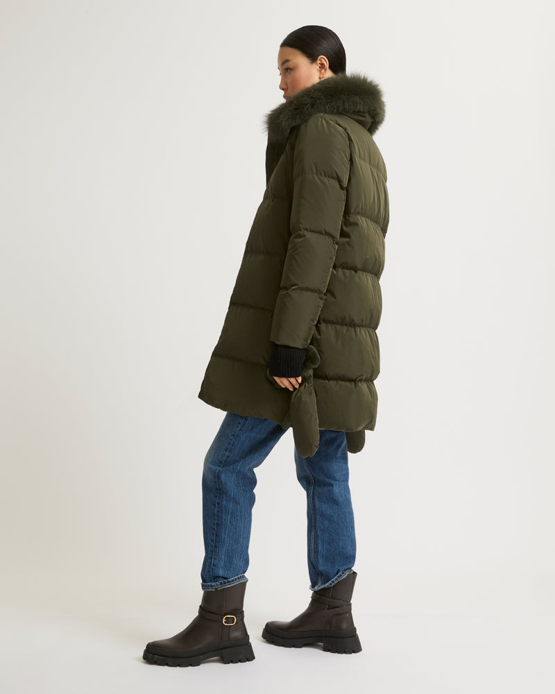 Long belted down jacket in technical fabric with removable fur collar