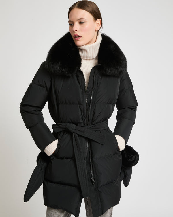 Long belted down jacket in technical fabric with removable fur collar