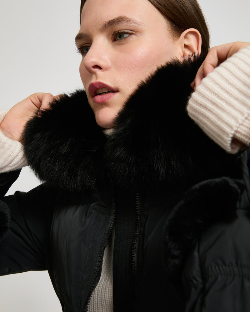 Long belted down jacket in technical fabric with removable fur collar