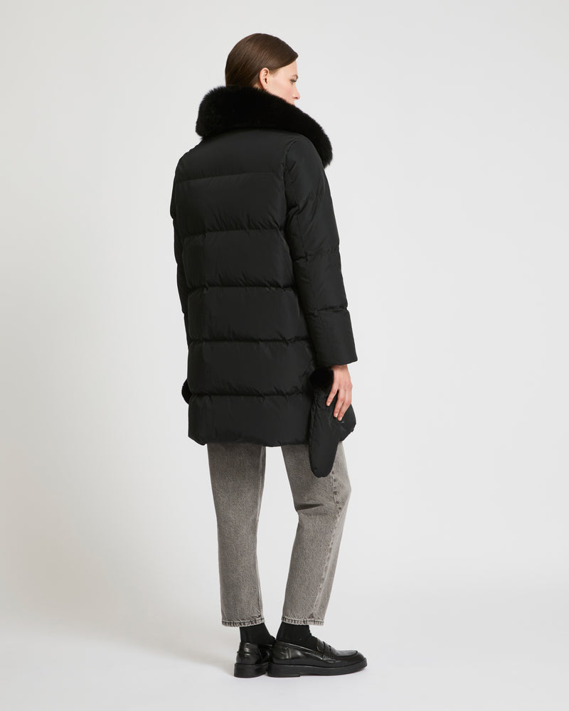 Long belted down jacket in technical fabric with removable fur collar