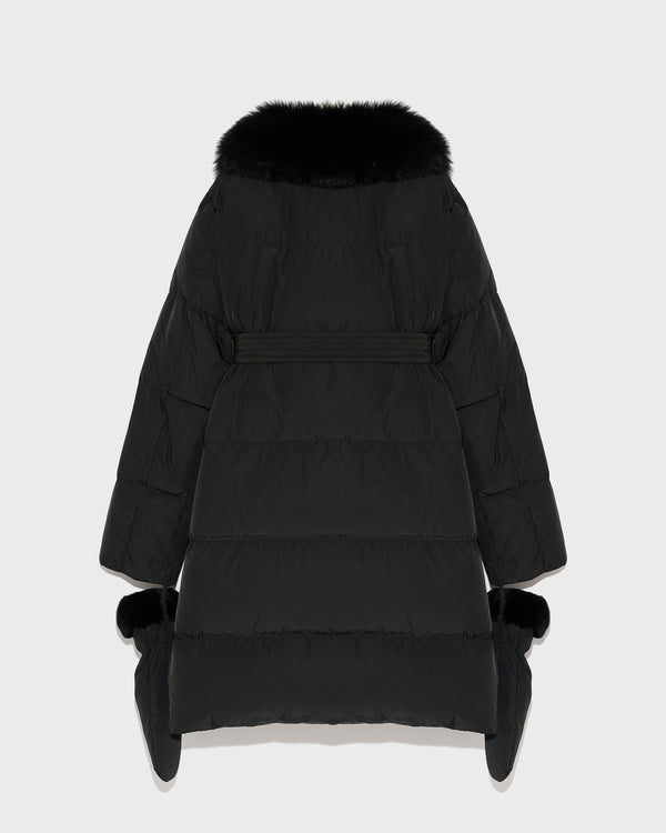 Long belted down jacket in technical fabric with removable fur collar