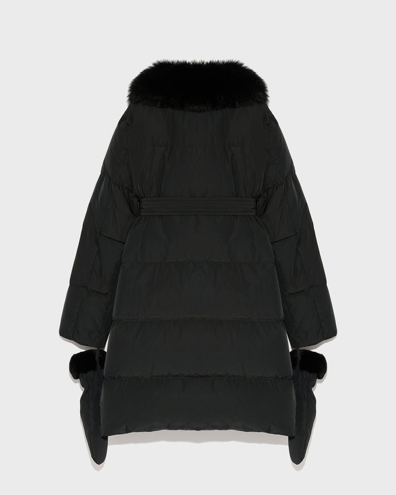 Long belted down jacket in technical fabric with removable fur collar