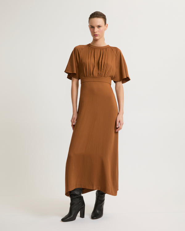 Long belted dress in matte satin fabric