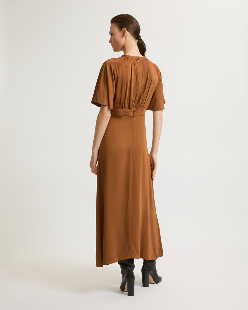 Long belted dress in matte satin fabric