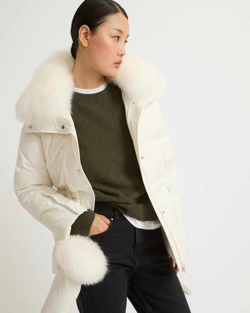 Belted technical fabric down jacket with detachable fox fur collar