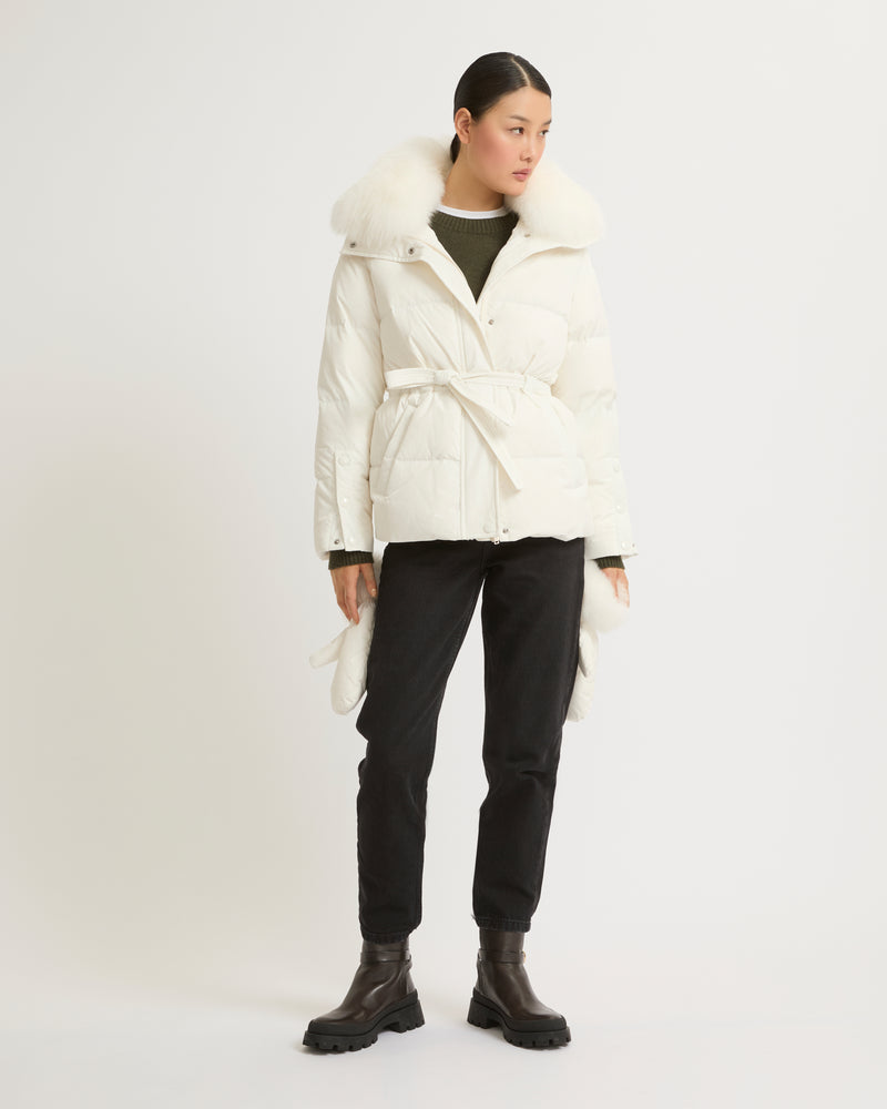 Belted technical fabric down jacket with detachable fox fur collar