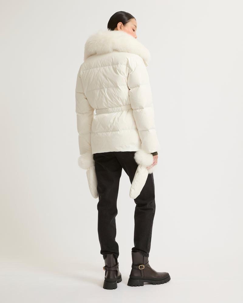 Belted technical fabric down jacket with detachable fox fur collar