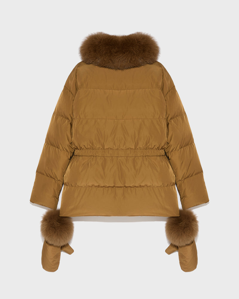 Belted technical fabric down jacket with detachable fox fur collar